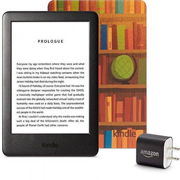 Paquete Kindle Essentials que incluye Kindle, ahora con luz frontal incorporada, cubierta impresa de Amazon y adaptador de corriente