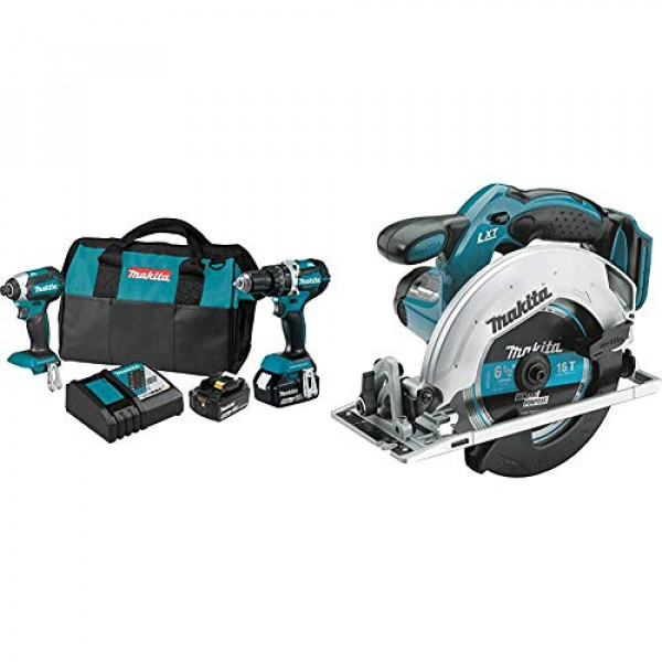 Makita XT269T 18V LXT Litio-Ion Sin Escobillas Inalámbrico 2 Pz. Kit combinado, XPH12Z, XDT13Z, bolsa (5.0Ah) con sierra circular de 6-1 / 2 inalámbrica LXT de iones de litio de 18 voltios XSS02Z