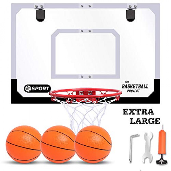 Juego de aro de baloncesto grande para niños en interiores, aro de baloncesto para interiores de 24 x 16 pulgadas con 3 pelotas y bomba, mini aro de baloncesto para interiores para la pared de la puerta, juguetes de baloncesto para niños, niñas, adolescen
