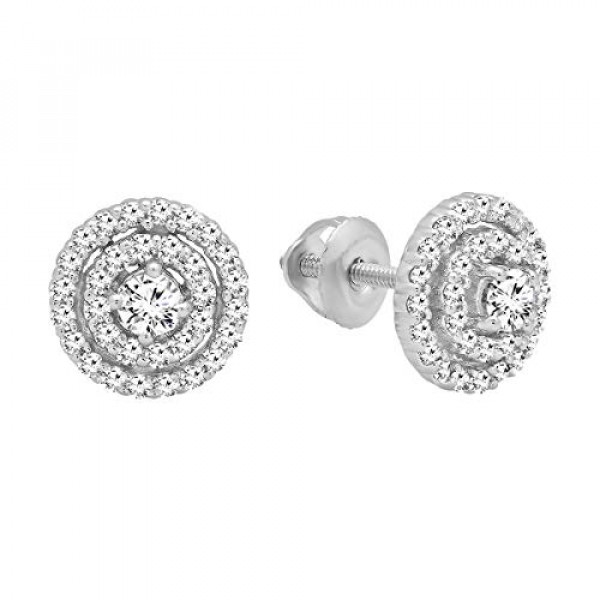 Colección Dazzlingrock 0.41 quilates (ctw) aretes redondos de diamantes blancos circulares con doble halo a rosca para damas | Oro blanco de 14 quilates