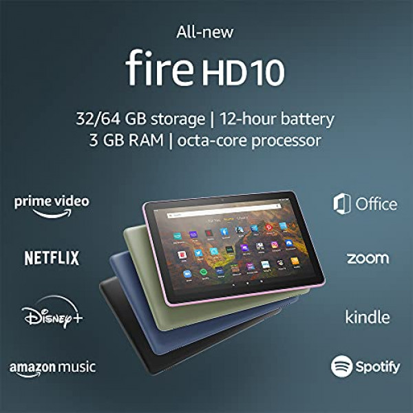Tableta Fire HD 10 completamente nueva, 10.1 , 1080p Full HD, 64 GB, último modelo (versión 2021), Denim, sin anuncios de pantalla de bloqueo