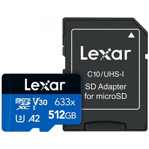 Lexar Tarjeta microSDXC UHS-I de alto rendimiento 633x 512 GB con adaptador SD, hasta 100 MB / s de lectura, para teléfonos inteligentes, tabletas y cámaras de acción (LSDMI512BBNL633A)
