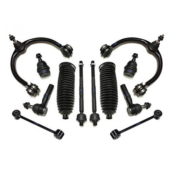 Kit de suspensión de 12 piezas Brazos de control superiores y juntas de bola Juntas de bola inferiores Eslabones de extremo de barra estabilizadora Extremos de barra de unión interior y exterior Botas de fuelle de piñón y cremallera
