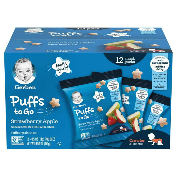 Gerber Puffs To Go Cereal Baby Snack Packs Fresa Manzana Non GMO –12 Ct-CADA UNO