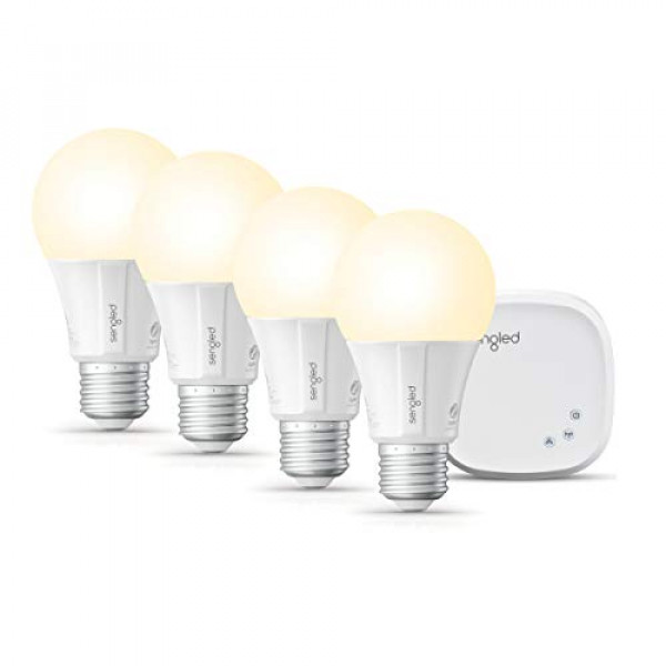 Sengled 9W Starter Kit, Smart Work, Google Home, 2700K Bombillas de luz Alexa blanca suave A19 E26 Regulable 800LM, 9 (equivalente a 60W), 4 concentradores, 4 unidades (paquete de 1)