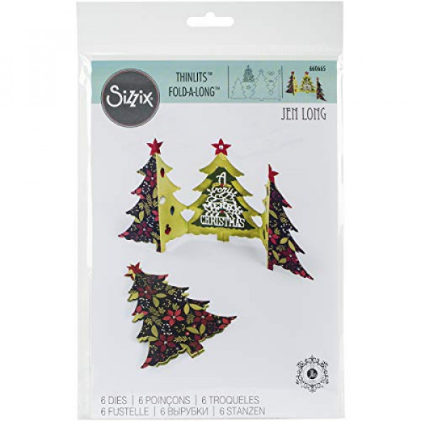Sizzix, Multicolor, Juego de troqueles Thinlits 660665, Pliegue de árbol de Navidad Jen Long, Paquete de 6, Talla única