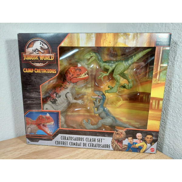 Jurassic World Camp Cretácico Ceratosaurus Clash Set +2 Velociraptor Mattel NUEVO