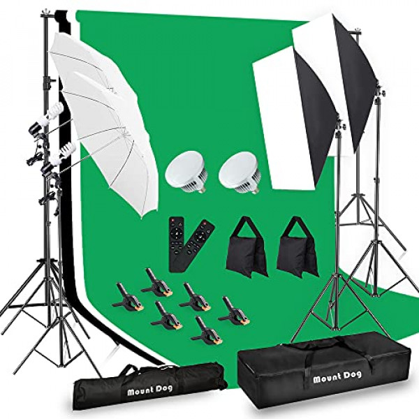 Kit de iluminación para fotografía MOUNTDOG, sistema de soporte de fondo de 6,6 x 10 pies y bombillas LED de 900 W 6400 K, kit de iluminación continua y sombrillas para grabación de video fotográfico