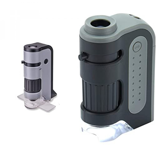 Carson MicroBrite Plus 60x-120x Microscopio de bolsillo con luz LED y Microscopio de bolsillo con luz LED MicroFlip 100x-250x con base deslizante abatible, clip adaptador para teléfono inteligente y linterna UV