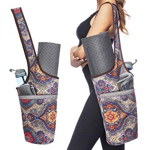 Bolsa para esterilla de yoga Ewedoos con bolsillo de gran tamaño y bolsillo con cremallera, se adapta a la mayoría de esterillas de tamaño. (Tótem antiguo)