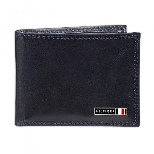 Tommy Hilfiger Billetera de cuero para hombre, delgada, plegable con 6 bolsillos para tarjetas de crédito y ventana de identificación extraíble, Navy Edisto, talla única