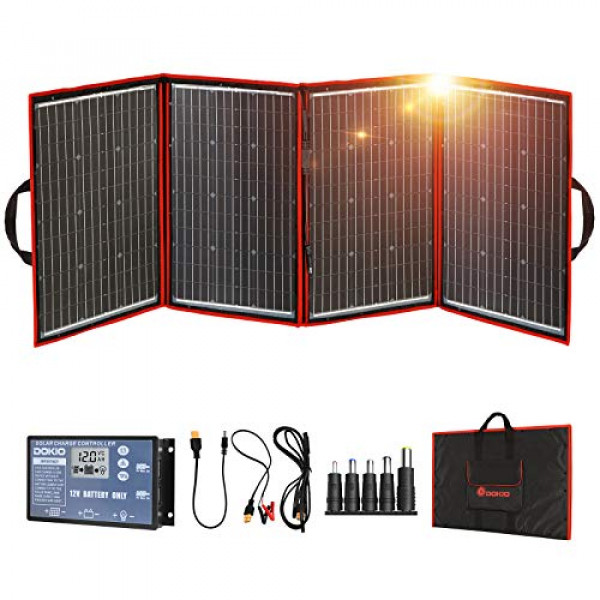 DOKIO - Kit de panel solar plegable de 220 W y 18 V, liviano (11 lb, 28 x 20 pulgadas), monocristalino (ALTA eficiencia) con controlador, 2 salidas USB para cargar baterías de 12 V / estación de energía (AGM LiFePo4), RV Camping Barco