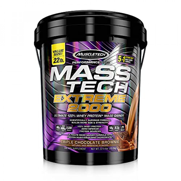 Polvo de proteína Mass Gainer | MuscleTech Mass-Tech Extreme 2000 | Polvo de proteína de suero de leche muscular | Proteína + Creatina + Carbohidratos | Aumento de peso con proteína máxima para mujeres y hombres | Chocolate, 22 libras