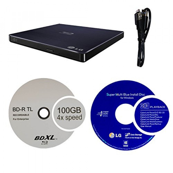 LG 6X WP50NB40 Ultra Slim Portable Blu-ray Burner Bundle con disco BDXL de 100 GB y software de grabación Cyberlink
