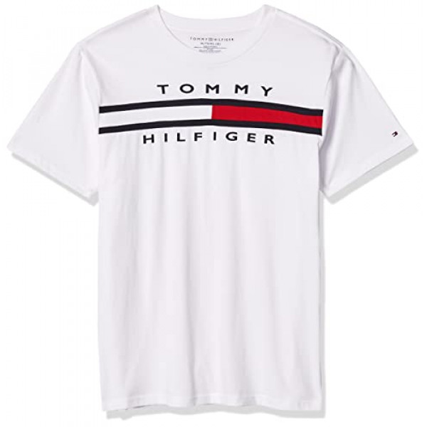 Tommy Hilfiger - Camiseta de manga corta con cuello redondo para niño, uso diario, blanco, mediano (12/14)