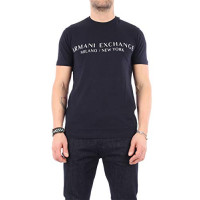 A|X ARMANI EXCHANGE Camiseta de manga corta con cuello redondo y logotipo de Milan New York para hombre, azul marino, XL