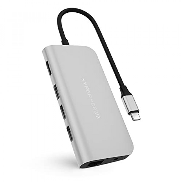HyperDrive USB-C Hub Adapter para iPad Pro, MacBook Pro/Air, Power 9-in-1 USBC Hub Dongle con 4K HDMI, USB-C PD, Gigabit Ethernet, Audio Jack, 3X USB 3.0, Micro/SD Card Slots (Plata )