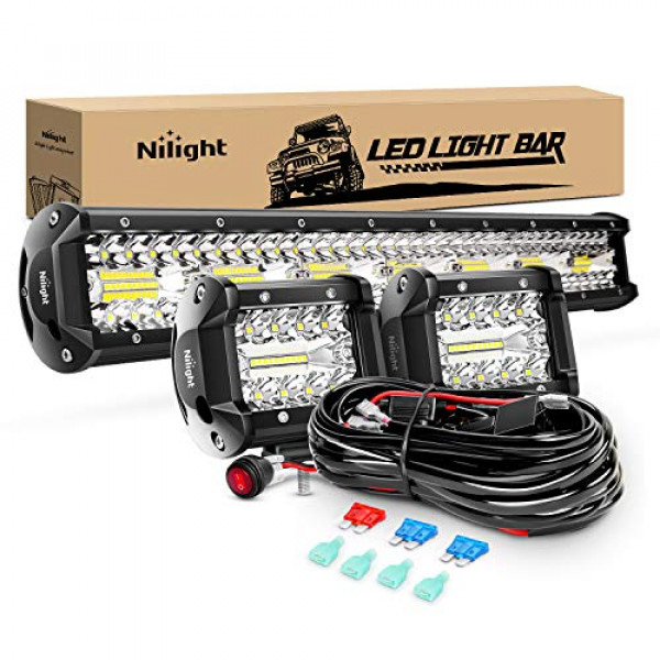 Nilight 20 pulgadas 420 W Triple fila Spot Flood Combo LED Light Bar Work Driving Lamp 2 piezas 4 pulgadas 60 W Cube LED Pods luces para camiones con kit de arnés de cableado todoterreno-3 cables, 2 años de garantía