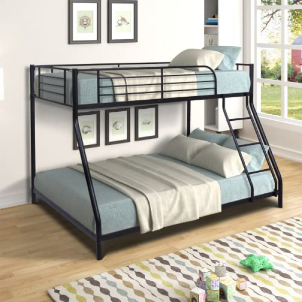 Literas Twin Over Full, marco de cama de metal resistente con riel de seguridad y escalera para dormitorio, dormitorio, niños, niñas, adultos, no necesita somier, negro