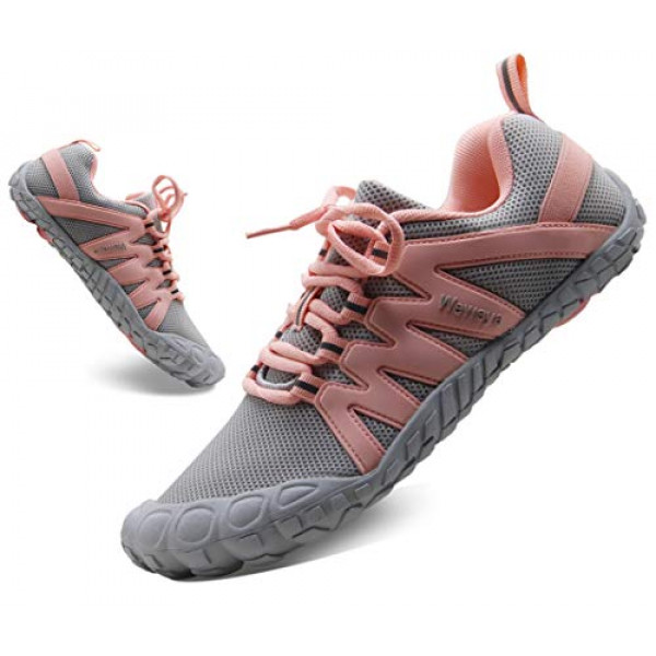 Zapatillas de correr minimalistas para mujer, zapatos descalzos, transpirables, ligeros, con punta ancha, zapatillas de deporte cruzadas, gris, rosa, talla EE. UU. 6 6,5