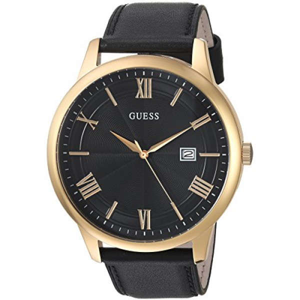 GUESS Reloj clásico extragrande de piel genuina negra con fecha. Color: negro/tono dorado (modelo: U0972G2)