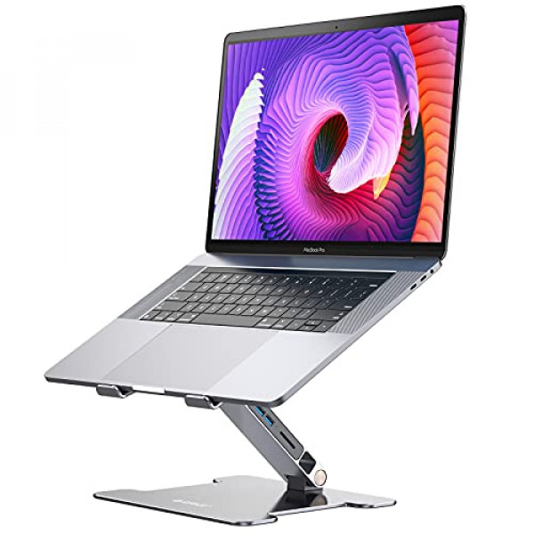 Soporte para computadora portátil de altura ajustable, ORICO Elevador de aluminio para computadora portátil con fuente de alimentación adicional 2 USB A Hub Tarjeta SD compatible con tableta portátil de 10-17 (plata)