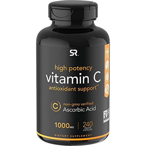 Vitamina C 1000 mg (240 cápsulas vegetales) | Suplemento de vitamina C verificado por el proyecto sin OGM para apoyo inmunológico y protección antioxidante