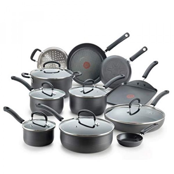 T-fal Ultimate - Juego de utensilios de cocina antiadherentes anodizados duros, 17 piezas, color negro