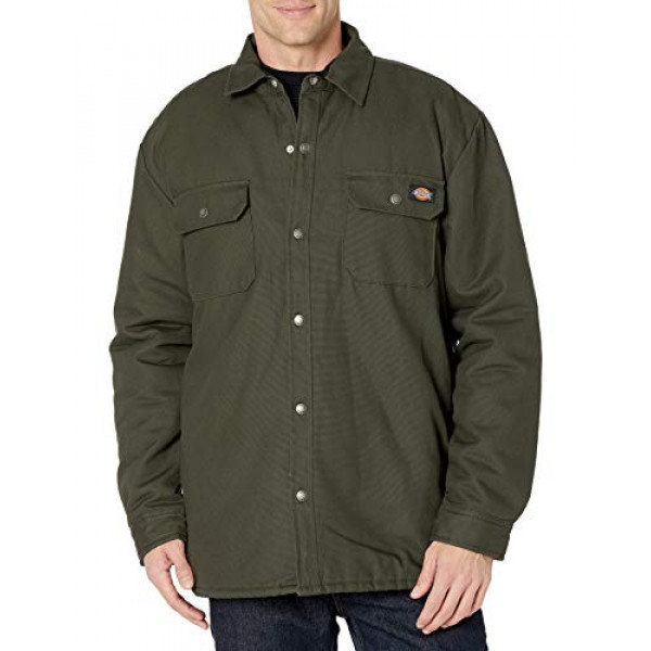 Dickies Men's Flannel Lined Duck Shirt Jacket with Hydroshield, Verde Oliva, Medium