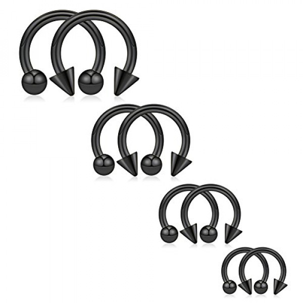 Ruifan 8PCS Acero quirúrgico CBR Nariz Septum Herradura Pendiente Ceja Lengua Labio Piercing Anillo con bolas y picos 14G 8-14mm - Negro