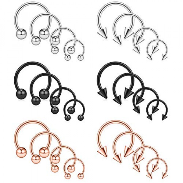 Ruifan 24PCS Acero quirúrgico CBR Nariz Septum Herradura Pendiente Ceja Lengua Labio Pezón Piercing Anillo con bolas Puntas 14G 8-14mm Mezcla de colores 1#