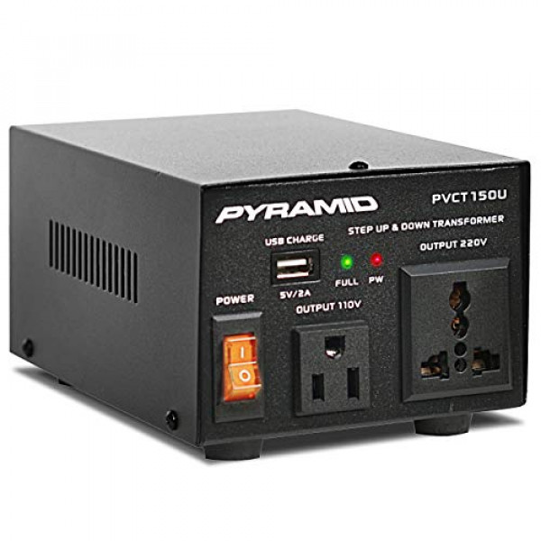 Convertidor ascendente y descendente - Transformador convertidor de voltaje de 50 vatios con puerto de carga USB, adaptador de corriente del Reino Unido, CA 110/200 a 220/240 voltios Viceversa, voltaje de entrada de 110V/200V/220V/240V - Pyramid PVCT150U