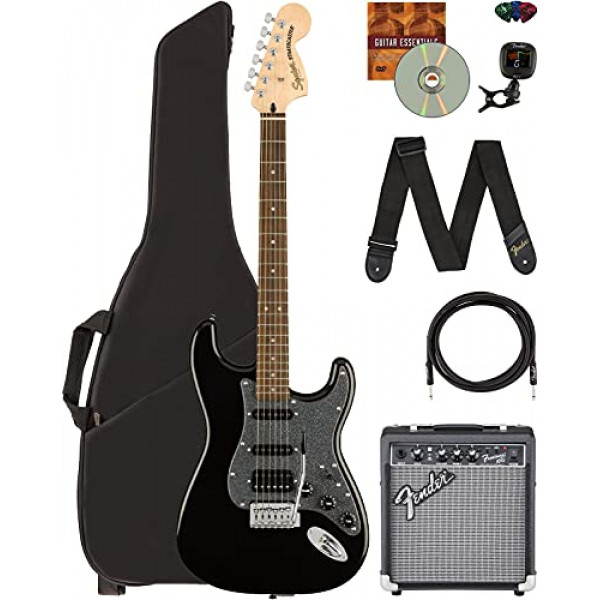 Fender Squier Affinity Stratocaster HSS Bundle con amplificador Frontman 10G, funda, cable de instrumento, afinador, correa, púas y DVD instructivo Austin Bazaar, color negro metálico