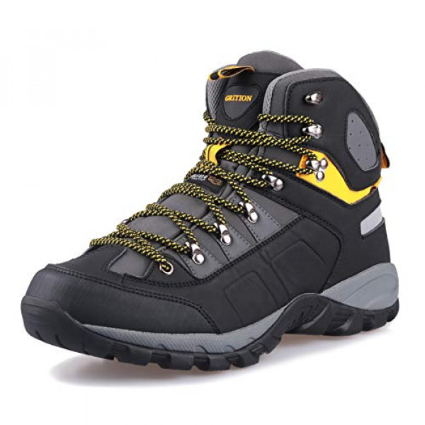 GRITION Botas de senderismo para hombre, impermeables, cálidas, ligeras, hasta el tobillo, botas altas para caminar, con cordones, antideslizantes, transpirables, cómodas, para caminar, viajar, zapatos al aire libre, negro, amarillo (10,5 US/44 EU)