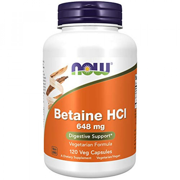 Suplementos Now Foods, Betaine HCl 648 mg, fórmula vegetariana, soporte digestivo, 120 cápsulas vegetales, 4.2329 onzas