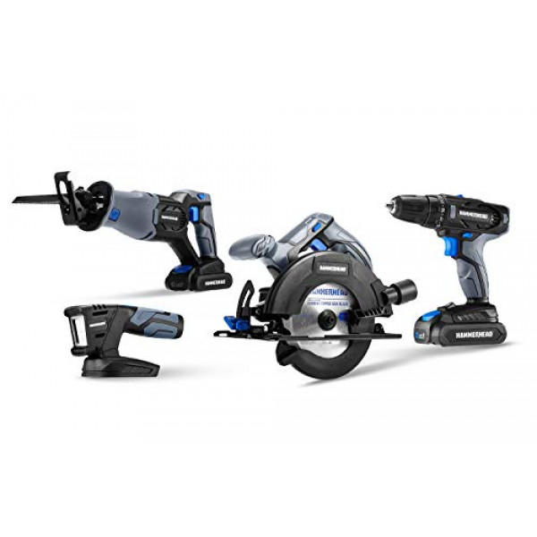 Kit combinado de 4 herramientas inalámbricas Hammerhead de 20 V: taladro, sierra alternativa, sierra circular y luz LED con dos baterías de 1,5 Ah y cargador - HCC2040