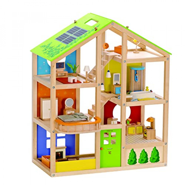 Casa de muñecas de madera para niños All Seasons de Hape | Juguete de casa de muñecas de 3 pisos galardonado con muebles, accesorios, escaleras móviles y tema de temporada reversible L: 23.6, W: 11.8, H: 28.9 pulgadas