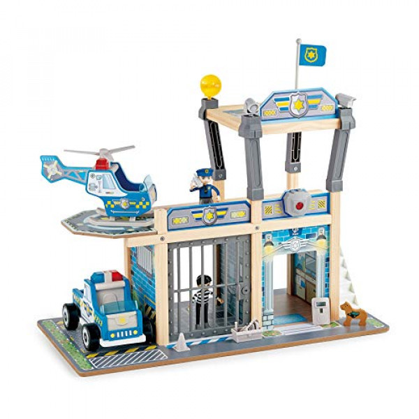 Hape Metro Police Station Juego de juguetes con sonidos y luces | Juguete de simulación de madera de 2 niveles con figuras de acción y accesorios