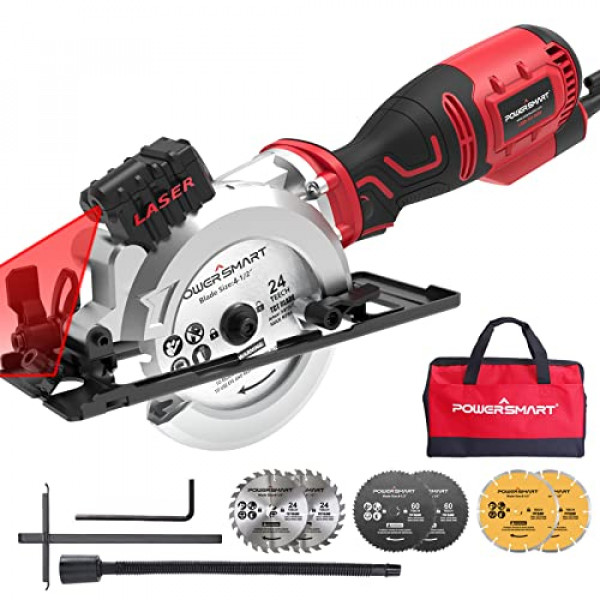 Minisierra circular PowerSmart, sierra circular compacta de 5,8 A y 4-1/2 pulgadas con guía láser, 6 hojas, 3500 RPM, profundidad máxima de corte 1-11/16(90°), 1-1/8(45°) , Ideal para Maderas, Azulejos, Cortes de Metal Blando