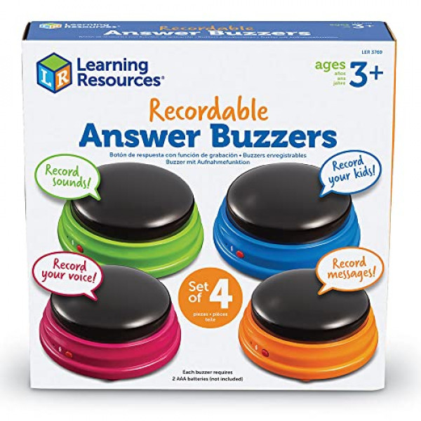 Learning Resources Recordable Answer Buzzers - Juego de 4, a partir de 3 años | Zumbador de sonido personalizado Pre-K, botones grabables, zumbadores de programas de juegos, perfecto para juegos familiares y noches de trivia, botones para perros para comu