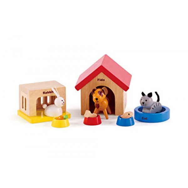 Juego de animales de casa de muñecas de madera Family Pets de Hape | Complete su casa de muñecas de madera con un juego de mascotas Happy Dog, Cat, Bunny con casas y tazones de comida de cortesía