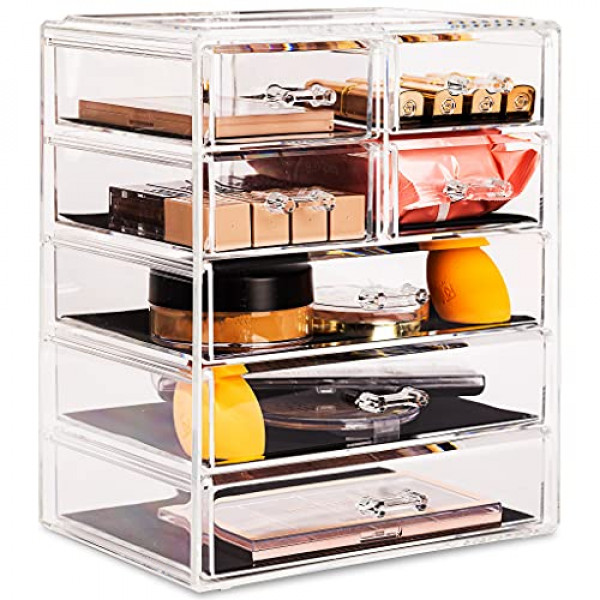 Sorbus Cosmetics - Estuche de almacenamiento grande para maquillaje y joyas, tocador elegante, estuche de baño (3 cajones grandes, 4 cajones pequeños, transparente)