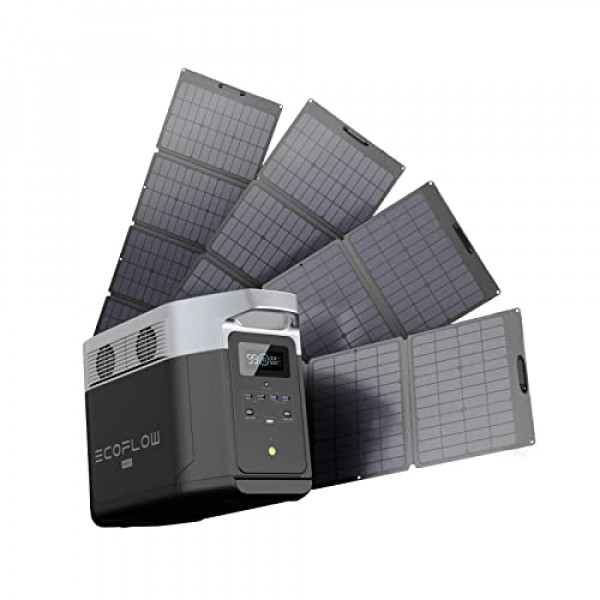EF ECOFLOW DELTA Max (2000) Generador solar 2016Wh con 4 paneles solares de 160 W, 6 salidas de CA de 2400 W (sobretensión de 5000 W), estación de energía portátil para respaldo en el hogar, al aire libre, camping, RV, emergencia
