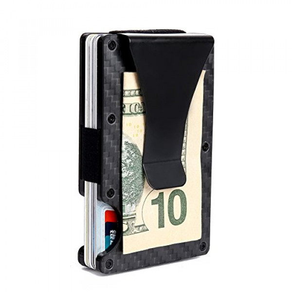Cartera de aluminio minimalista, billetera de metal delgada con clip para dinero RFID Cartera de bolsillo frontal (fibra de carbono-negro)