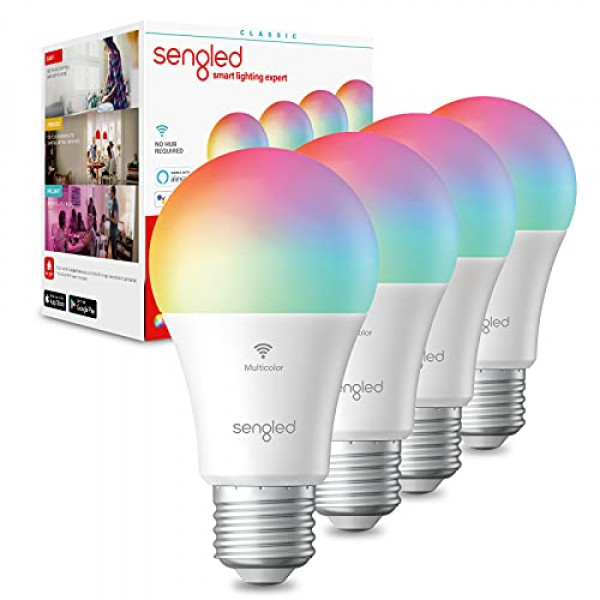 Bombilla inteligente Sengled, bombillas WiFi, bombilla que cambia de color, bombillas inteligentes que funcionan con Alexa y Google Assistant, bombilla Alexa A19 RGB, no requiere concentrador, equivalente a 60 W 800 lm CRI>90, paquete de 4