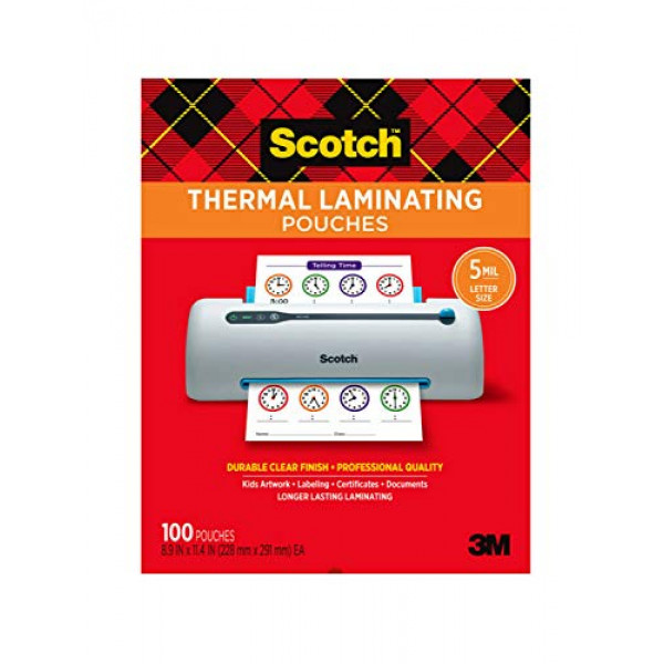 Bolsas de plastificación térmica Scotch, 5 mil de grosor para protección adicional, paquete de 100, 8.9 x 11.4 pulgadas, hojas tamaño carta, transparente (TP5854-100)