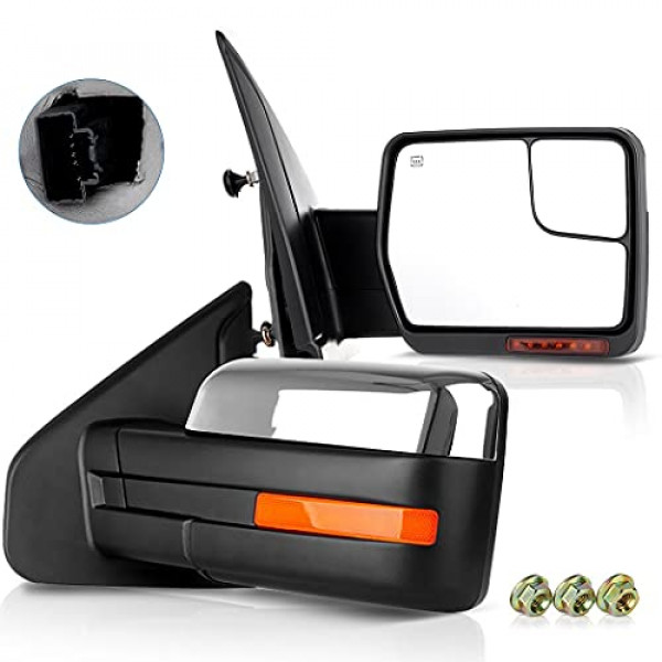 ECCPP - Par de repuestos para Ford F-150 2007-2014, espejo de remolque cromado, luz de charco calefactable, señal de giro, vista lateral