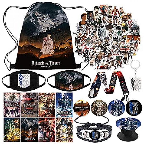 Juego de regalo Attack on Titan, que incluye bolsa con cordón, máscaras faciales, pines de botón, lindas pegatinas, pulsera, cordón, soporte para anillo de teléfono, llavero, carteles