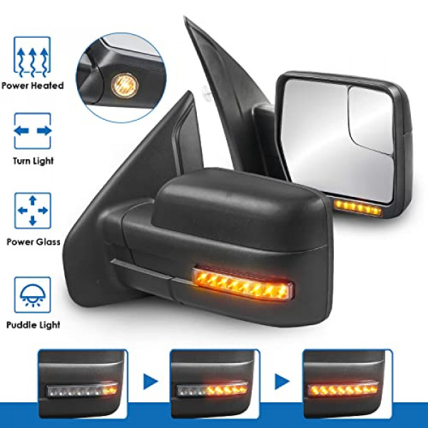 MOSTPLUS Espejo de remolque con calefacción eléctrica compatible con Ford F150 F-150 2004-2014 Espejo con calefacción eléctrica con luz de giro secuencial, luz de charco, haz Dural (negro)