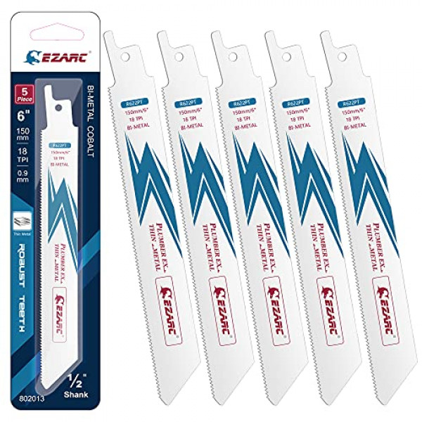 Hoja de sierra alternante EZARC Hojas de sierra de sable de cobalto bimetálicas para corte de metal delgado 6 pulgadas 18TPI R622PT (paquete de 5)
